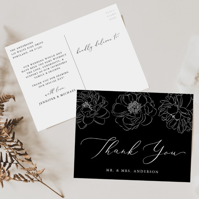 Dainty Floral Black and White Wedding Vielen Dank Postkarte (Von Creator hochgeladen)