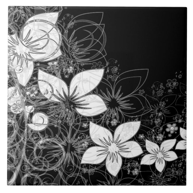 Dainty Floral Scroll auf schwarz Fliese (Vorderseite)