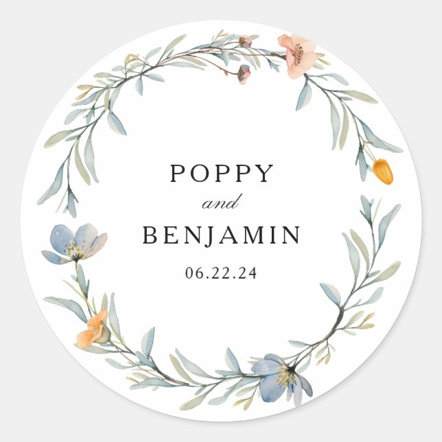 Dainty Floral Wildblume Wreath Wedding Runder Aufkleber (Vorderseite)