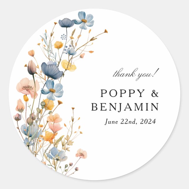 Dainty Floral Wildblume Wreath Wedding Runder Aufkleber (Vorderseite)