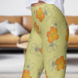 Dainty Khaki Yellow Triple Bloom Floral Pattern Leggings