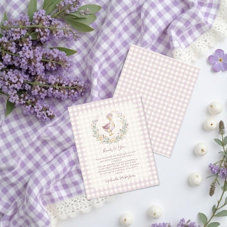 Dainty Lavender Gingham Goose Baby Shower LPM26 Dankeskarte