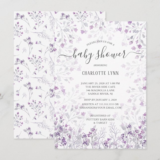 Dainty Lila Watercolor Blume Girls Babydusche Einladung (Vorne/Hinten)