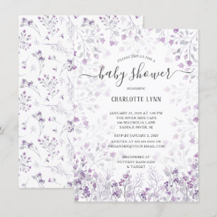 Dainty Lila Watercolor Blume Girls Babydusche Einladung