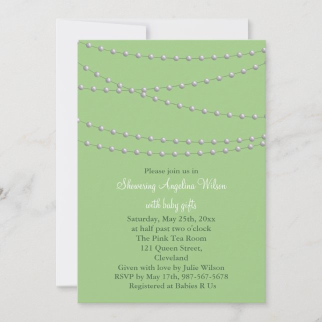 Dainty Pearls Baby Dusche Einladung (weich grün) (Vorderseite)