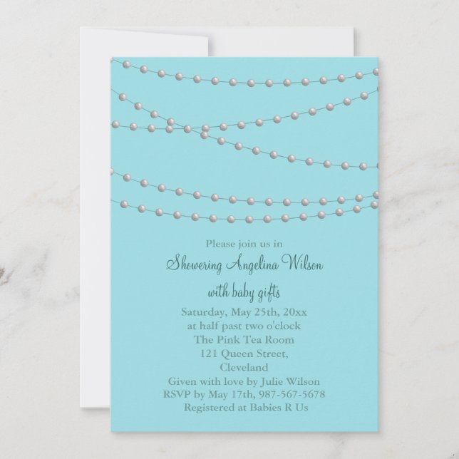 Dainty Pearls Baby Shower Invitation (Türkis) Einladung (Vorderseite)