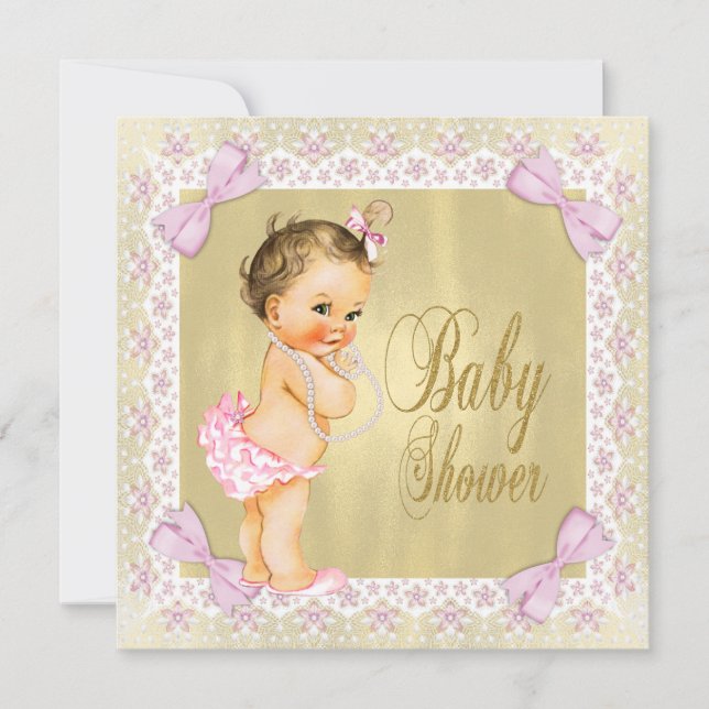 Dainty Pink Gold Foil Bow Lace Girly Baby Dusche Einladung (Vorderseite)