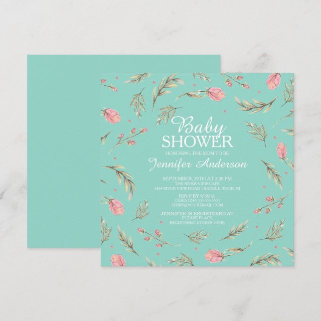 Dainty Pink Roses Girls Babydusche Einladung (Vorne/Hinten)