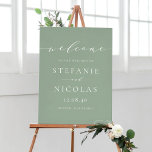 Dainty Script Sage Green Wedding Willkommen Poster<br><div class="desc">Herzlich willkommen bei Ihren Hochzeitsgästen mit diesem romantischen Begrüßungszeichen. Dieses individuell gestaltbare Begrüßungsschild mit einem Malskript mit klassischer Typografie auf einem schlängelgrünen Hintergrund.</div>