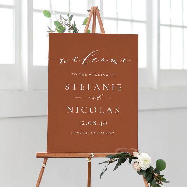 Dainty Script Simple Navy Blue Wedding Welcome Pos Poster (Customizable boho terracotta minimalist script wedding welcome sign)
