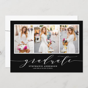 Dainty Script Three Foto Black Graduation Party Einladung