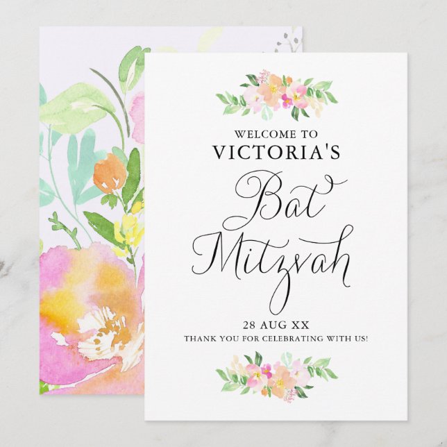 Dainty Watercolor Florals Bat Mitzvah Begrüßungsze Einladung (Vorne/Hinten)