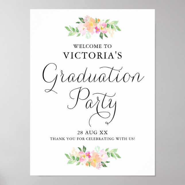 Dainty Watercolor Florals Graduation Party Willkom Poster (Vorne)