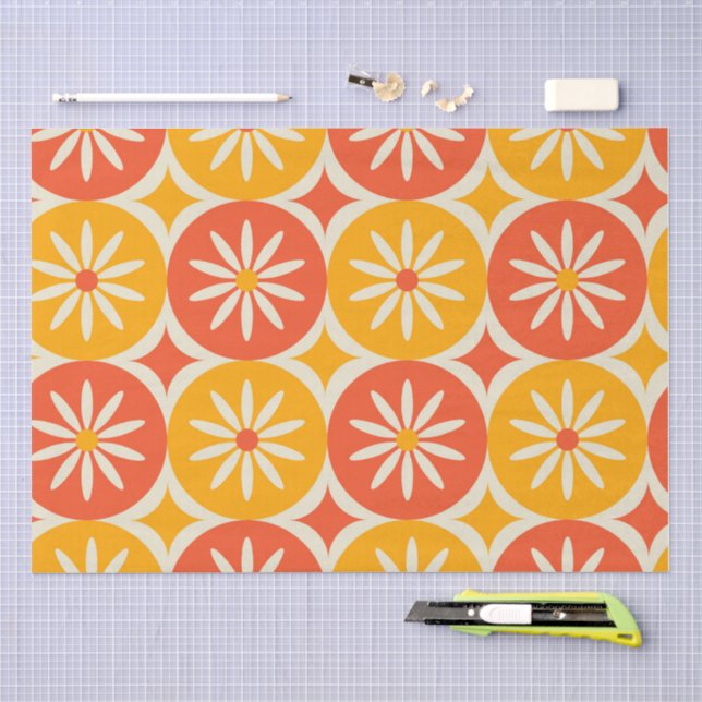 Daises and Atomic stars on Orange Yellow circles  Seidenpapier (Handwerk)