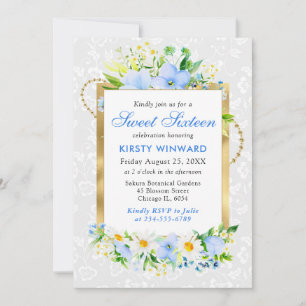 Daisies and Blue Summer Blume Gold Foil Sweet 16 Einladung
