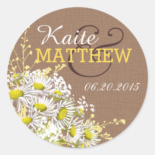 Daisies and Burlap Wedding Label Runder Aufkleber (Vorderseite)
