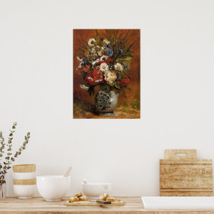 Daisies and Peonies in Blue Vase Poster