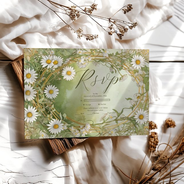 Daisies Art Nouveau Ivory Green Wedding RSVP Karte (Von Creator hochgeladen)
