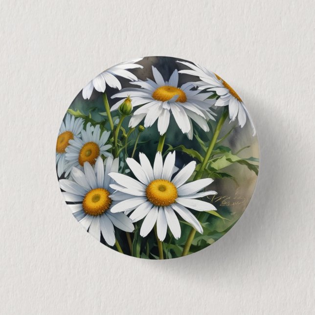 Daisies Bunch Blume Elegante Wasserfarbe Button (Vorderseite)