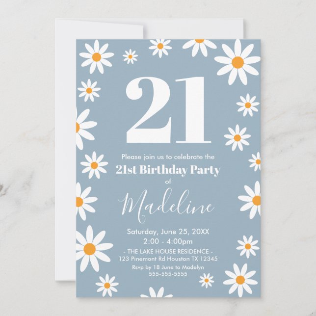 Daisies Dusty blue Birthday Party Invitation (Devant)