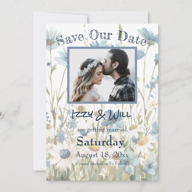 Daisies & Faded Denim Rustic Wedding Foto Save The Date (Vorderseite)