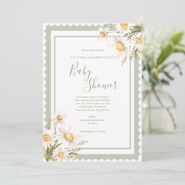 Daisies Floral Elegant Baby Shower Einladung (Stehend Vorderseite)