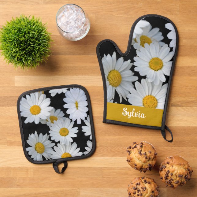 Daisies Floral Pattern Individuelle Name Ofenhandschuh & Topflappen-Set (Oben Unten)
