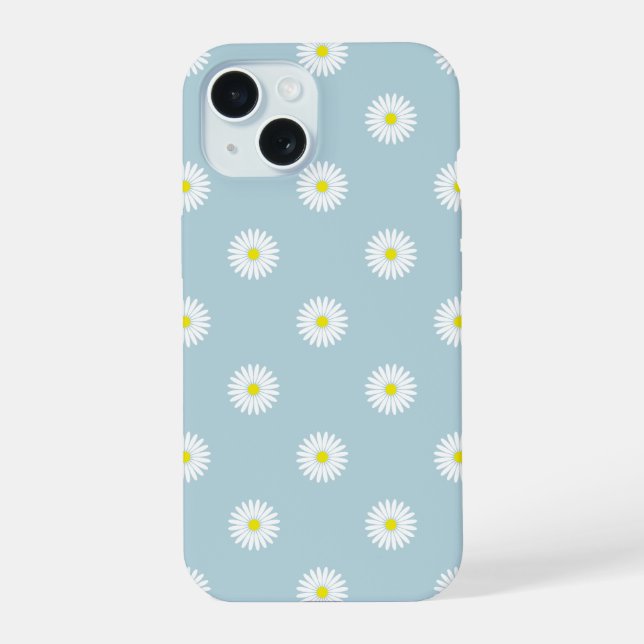Daisies Illustratives Muster auf blass blau iPhone 15 Hülle (Rückseite)