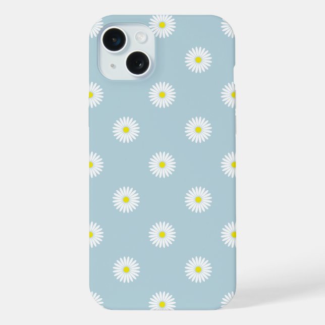 Daisies Illustratives Muster auf blass blau iPhone 15 Plus Hülle (Rückseite)