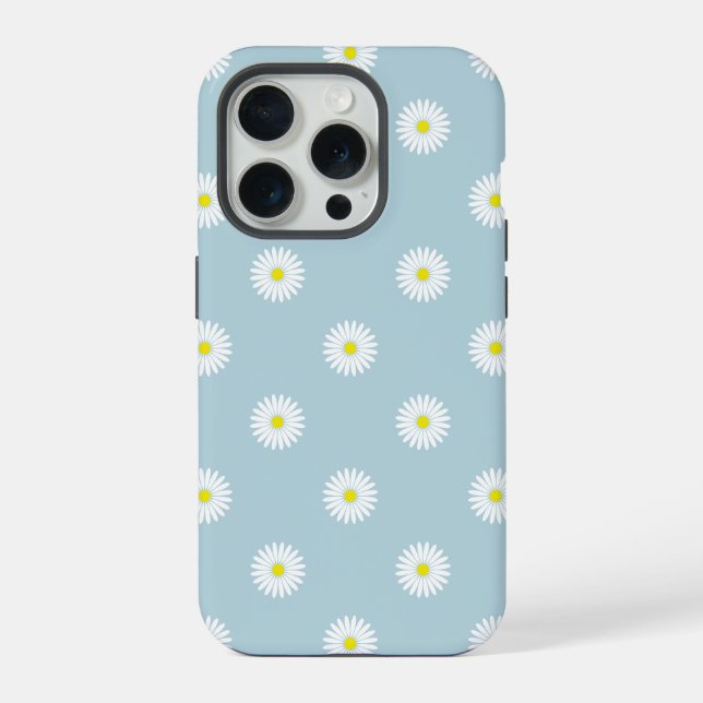 Daisies Illustratives Muster auf blass blau iPhone 15 Pro Hülle (Rückseite)