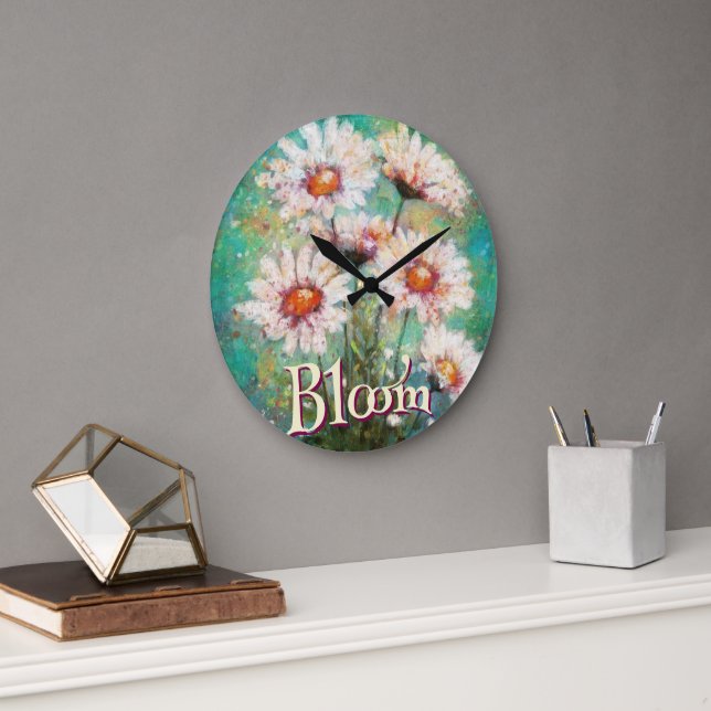 Daisies Impressionistic Floral Teal Personalized Große Wanduhr (Büro)