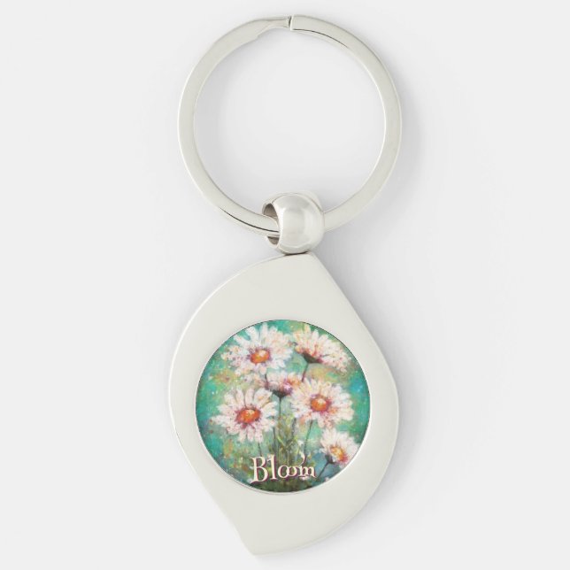 Daisies Impressionistic Floral Teal Personalized Schlüsselanhänger (Vorderseite)