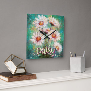 Daisies Impressionistischer Floral Türkis Personal Quadratische Wanduhr