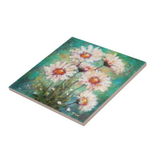 Daisies Impressionistisches Blumengemälde Aquamari Fliese