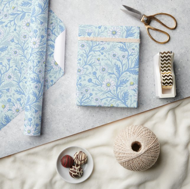 Daisies in white and blue on sea glass geschenkpapier (Kunsthandwerk)