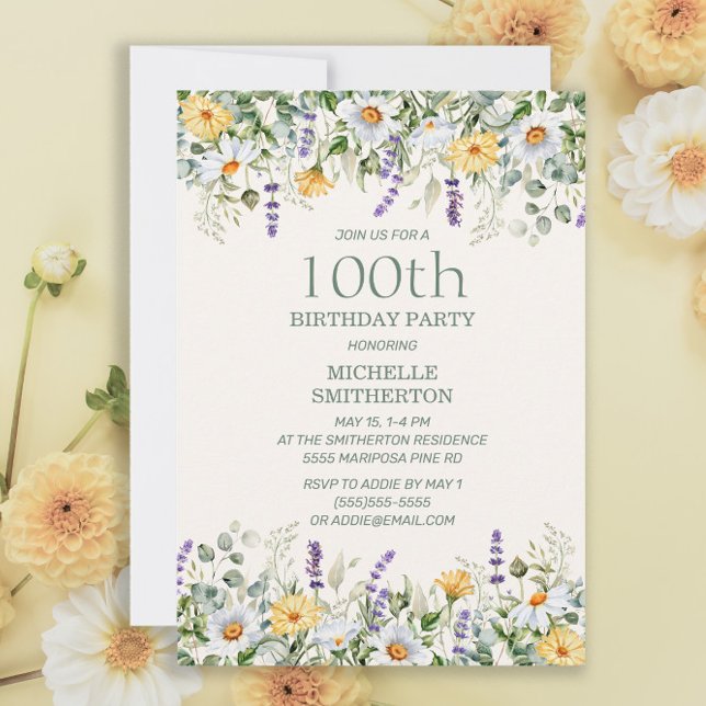 Daisies Lavender Gelbe Wildblumen 100. Geburtstag Einladung (Von Creator hochgeladen)