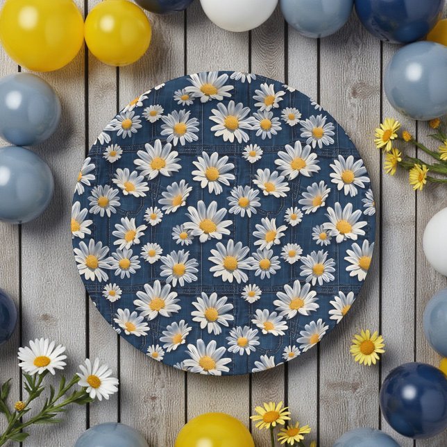 Daisies on Blue Denim Birthday  Pappteller (Von Creator hochgeladen)