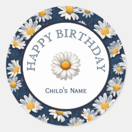 Daisies on Blue Denim Birthday  Runder Aufkleber