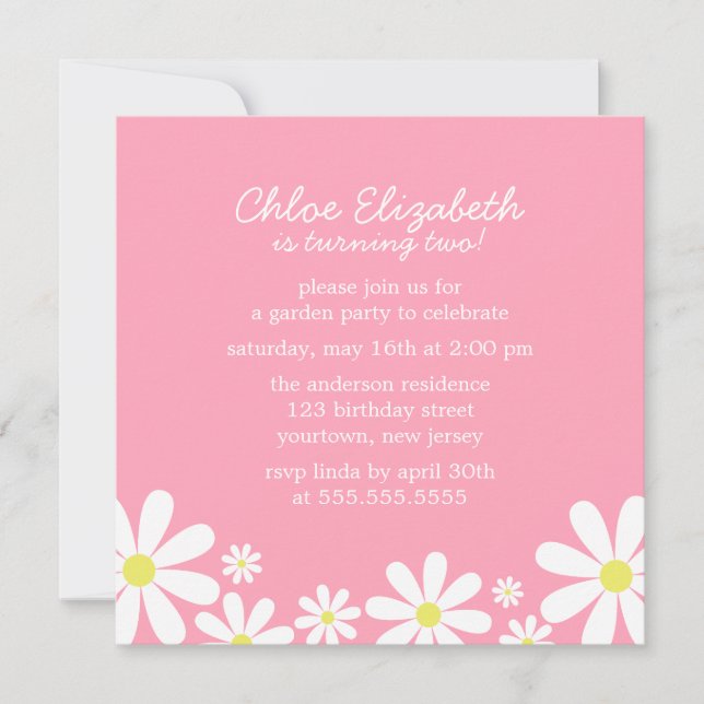 Daisies on Pink Girl Birthday Party Einladung (Vorderseite)
