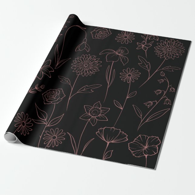 Daisies Poppies Larkspur Garden Muster Pink Black Geschenkpapier (Ungerollt)