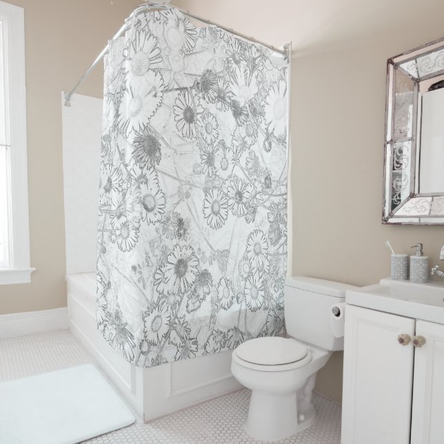 Daisies prairie gris clair motif rideau de douche (En situation)