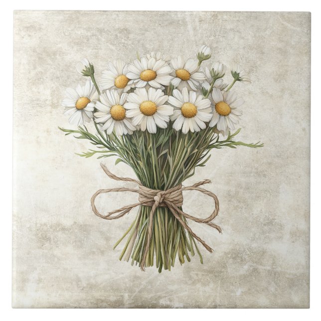 Daisies Rustic Floral Faux Ceramic Tile Fliese (Vorderseite)