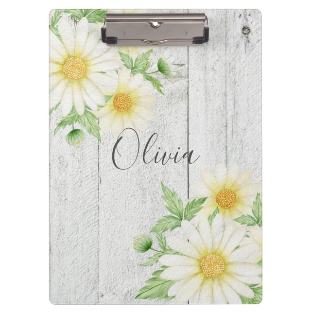 Daisies Rustic Wood Personalisiert Klemmbrett (Vorderseite)