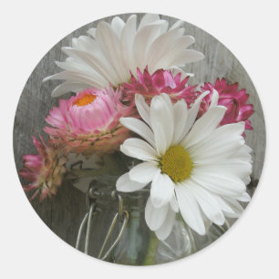 Daisies & Strawflowers in einem Jar & Barnwood-Sti Runder Aufkleber