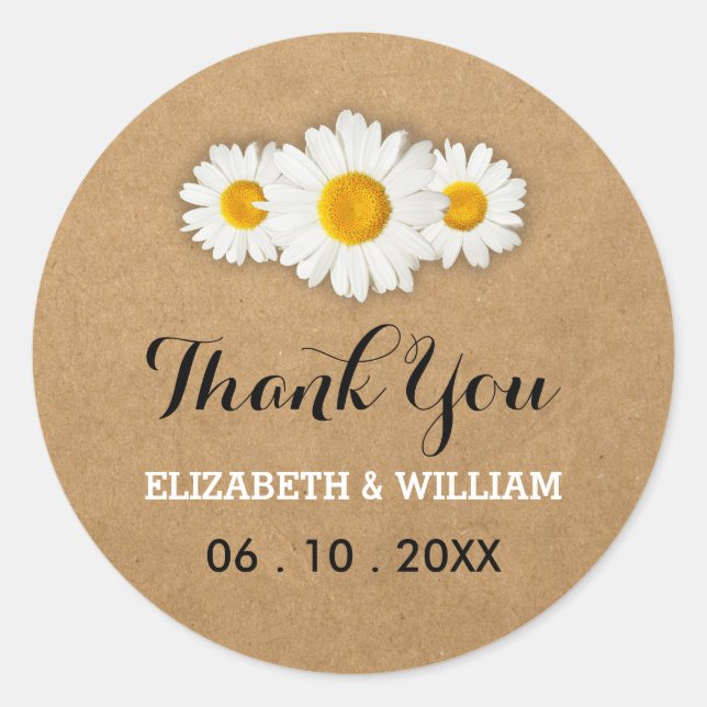 Daisies und Rustic Paper Wedding Vielen Dank Runder Aufkleber (Vorderseite)