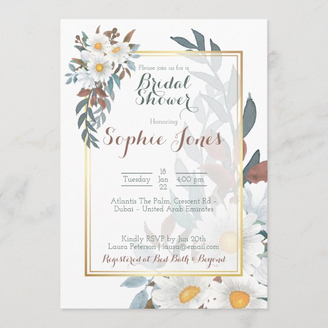 Daisies White Floral Gold Bridal Shower Invitation (Devant)