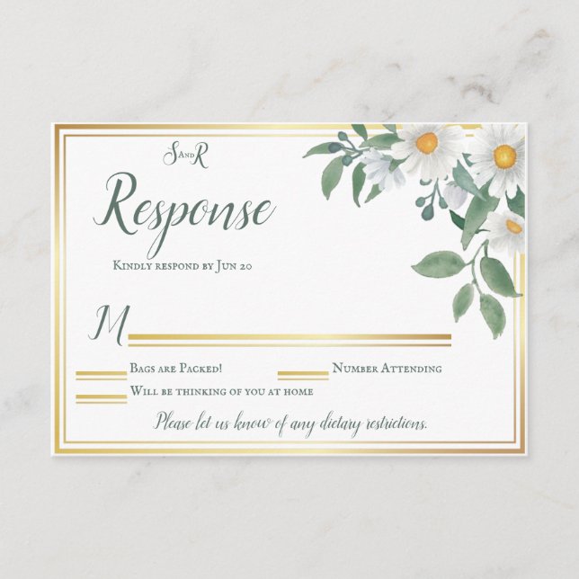 Daisies White Floral Gold Wedding Response Card RSVP Karte (Vorderseite)