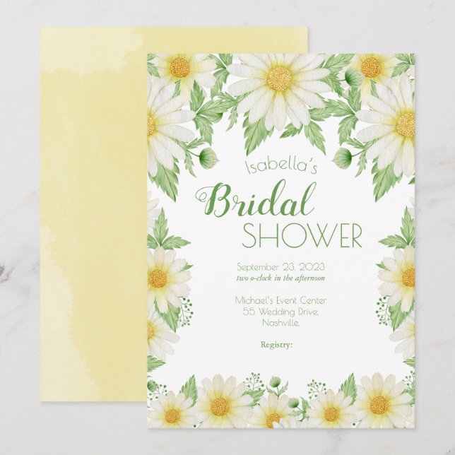 Daisies White Yellow Floral Script Brautparty Einladung (Vorne/Hinten)