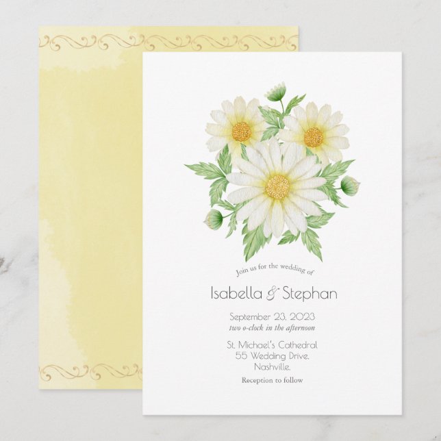 Daisies White Yellow Floral Script Wedding Einladu Einladung (Vorne/Hinten)