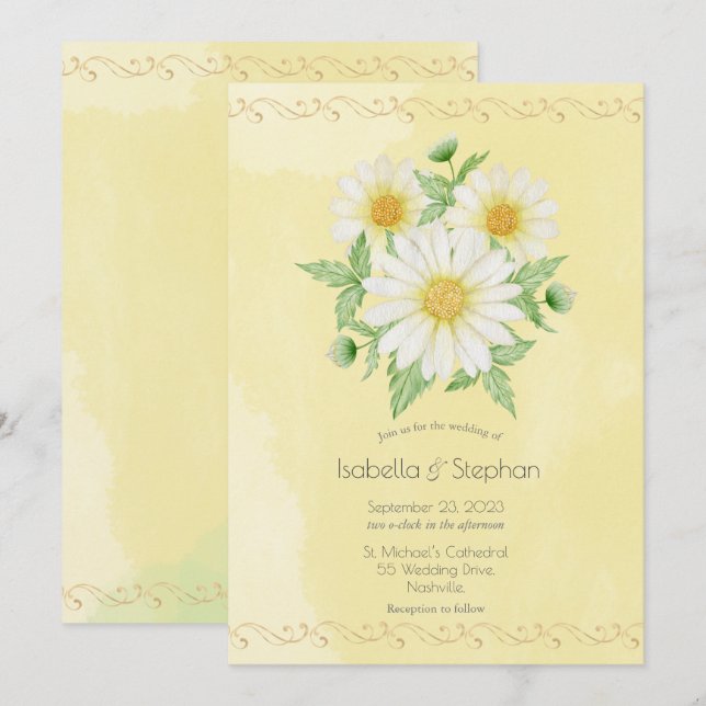 Daisies White Yellow Floral Script Wedding Einladu Einladung (Vorne/Hinten)